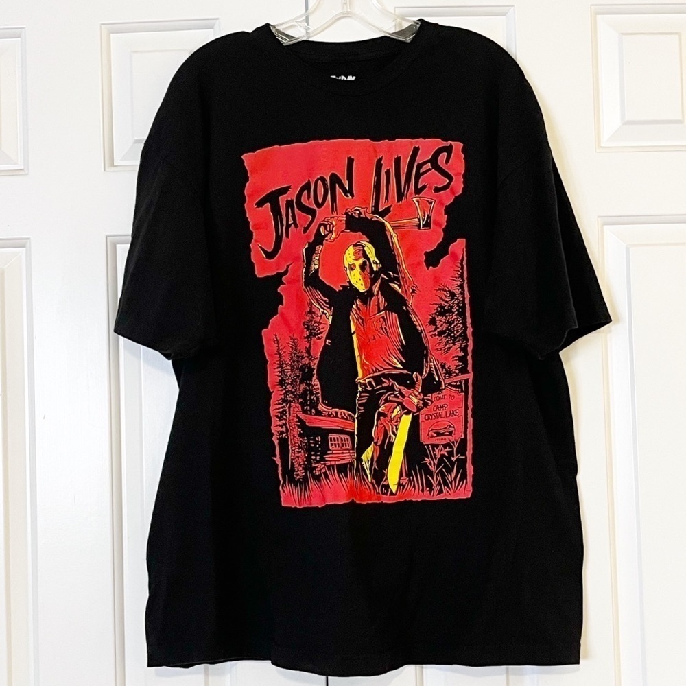 Jason Lives Friday the 13th Camp Crystal Lake black & red short sleeve t-shirt